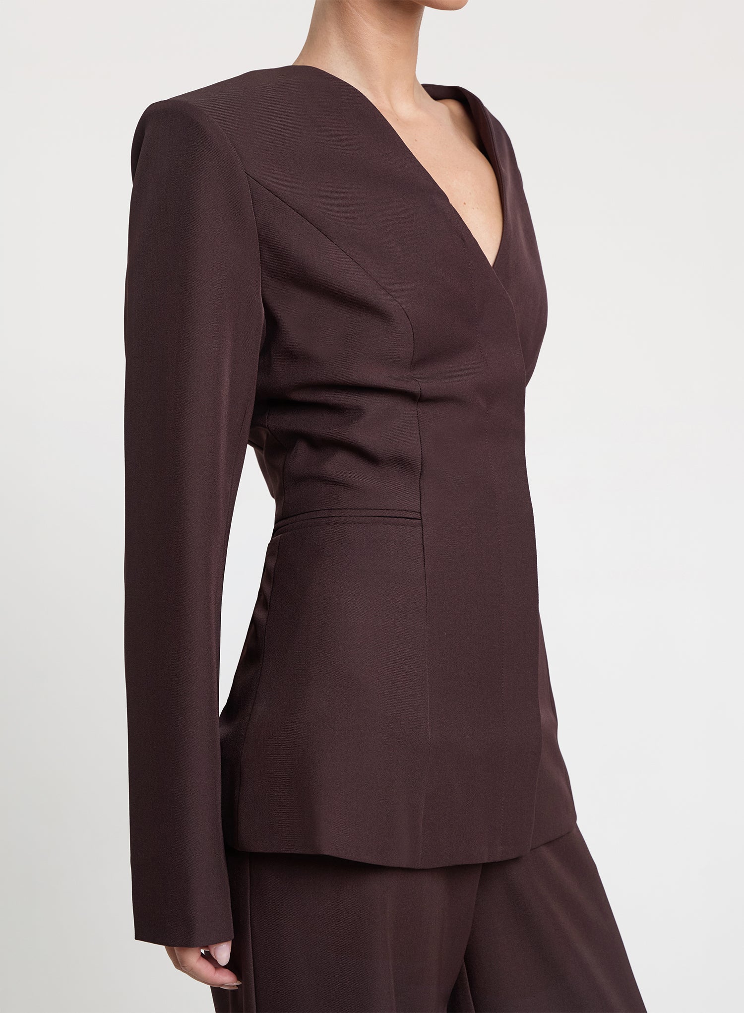 Plum Collarless Cinched Waist Blazer